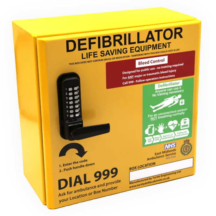 Yellow metal combined cabinet- locked version with defib and bleed kit stickers