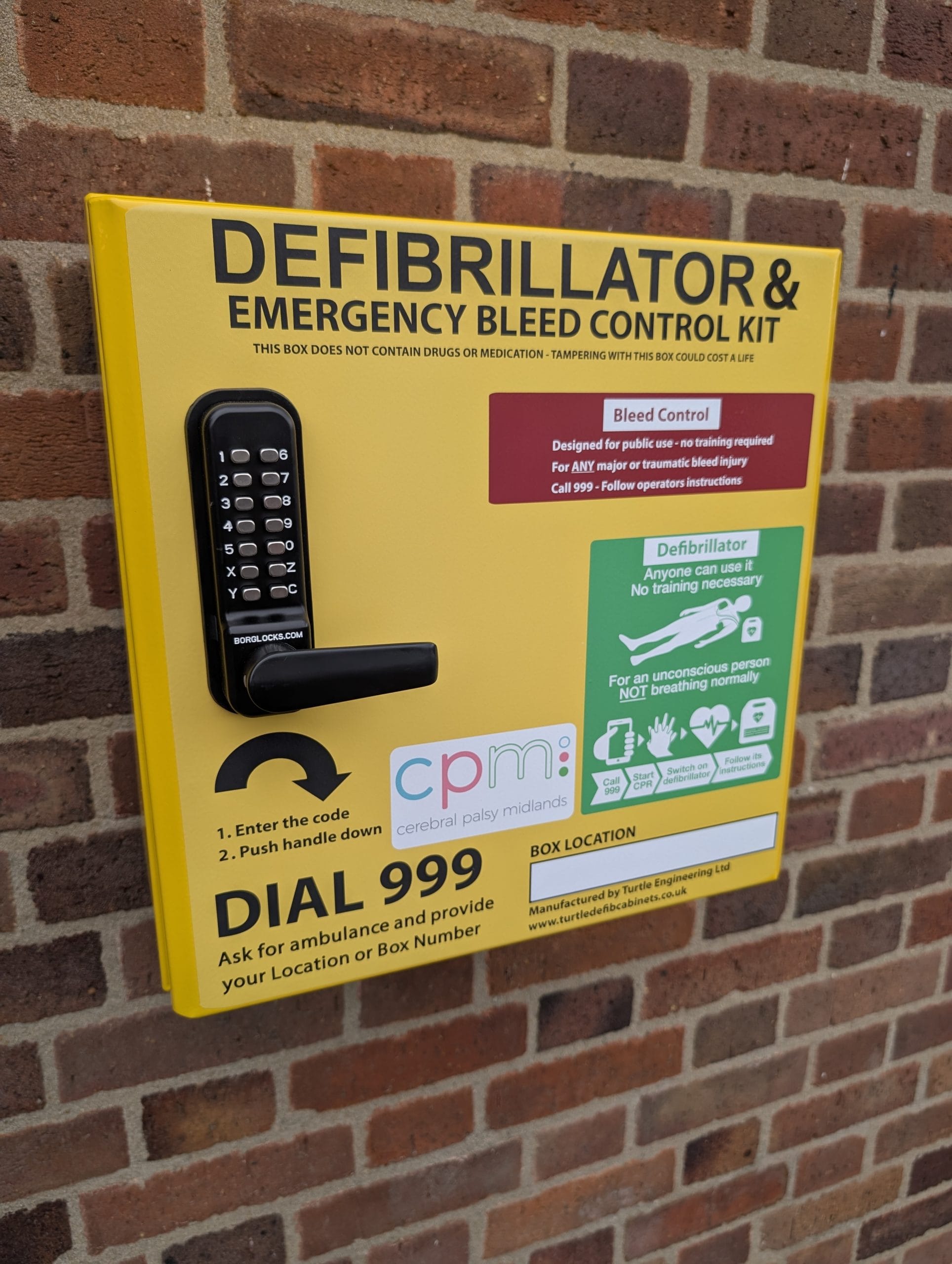 Cerebral Palsy Midlands’ new defibrillator and bleed control cabinet on Victoria Rd Harborne, Birmingham Cerebral Palsy Midlands' new defibrillator and bleed control cabinet on Victoria Rd Harborne, Birmingham